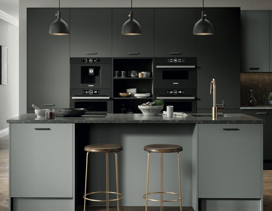An image of a contemporary dusk grey and graphite coloured kitchen