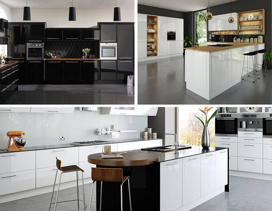 Multiple images of kitchens