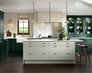 Paris Style Fitted Kitchen pictured in Matt Pistachio Green and Supermatt Fir Green