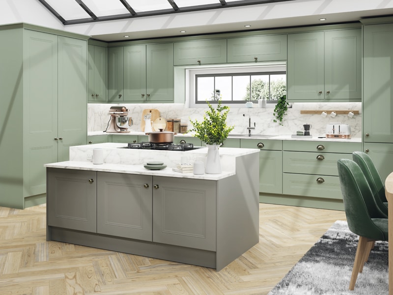 A virtual rendering of a light and spacious sage-coloured kitchen