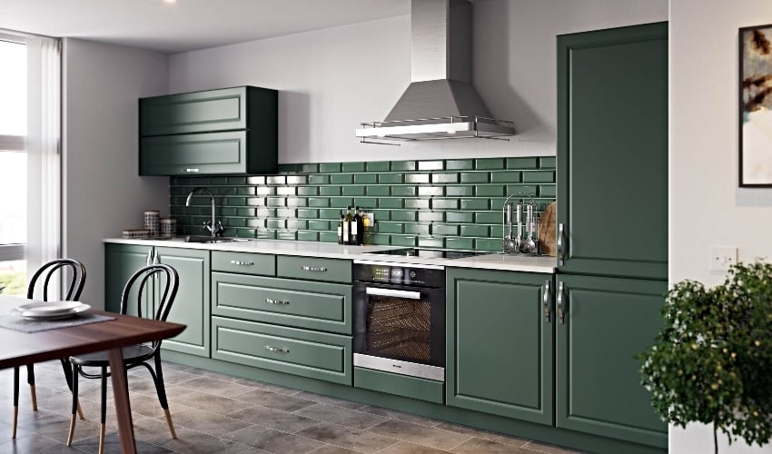 Traditional Style New Fenland Fitted Kitchen Pictured in Supermatt Highland Green