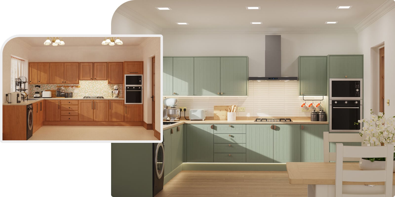 a before image showing a dark and dated kitchen alongside an after image showing a bright, modern kitchen