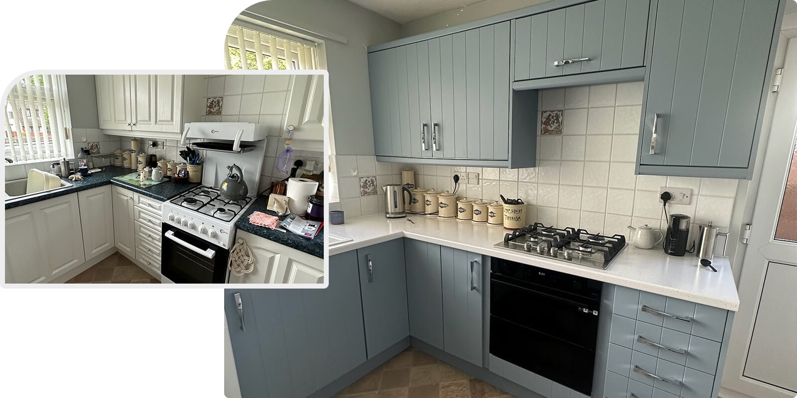 Before and after image of a Dream Doors kitchen