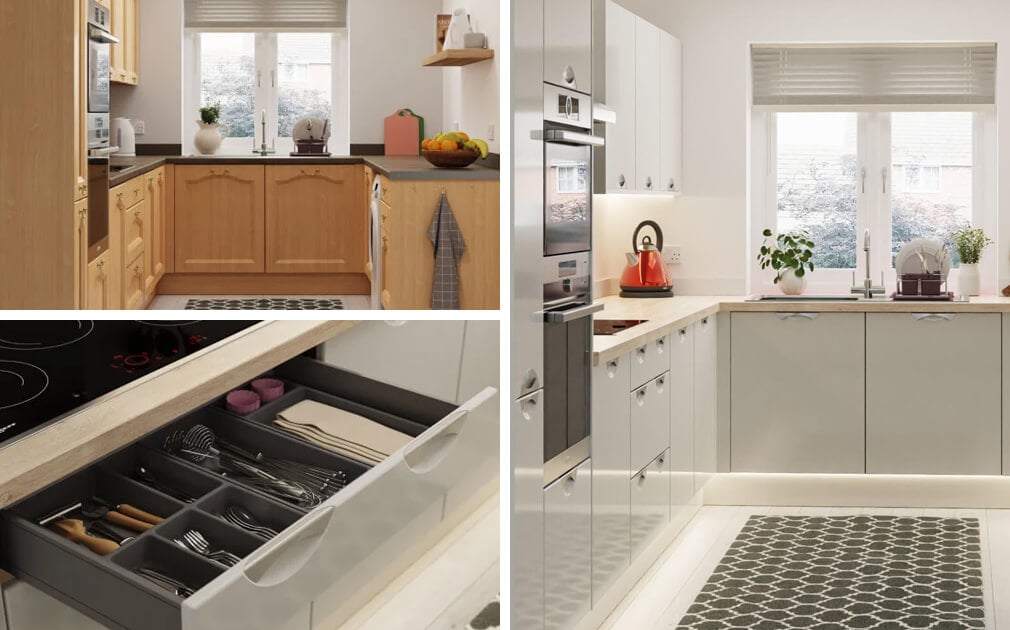 a kitchen shown before and after receiving new replacement cabinet doors, installed by Dream Doors