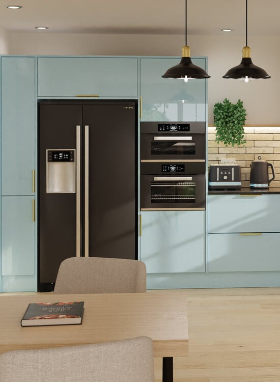 an electric blue kitchen featuring high-gloss contemporary Zurfiz cabinet doors