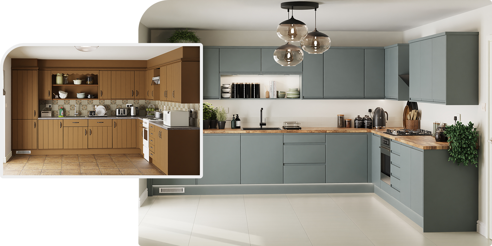 Before and after image of a Dream Doors kitchen