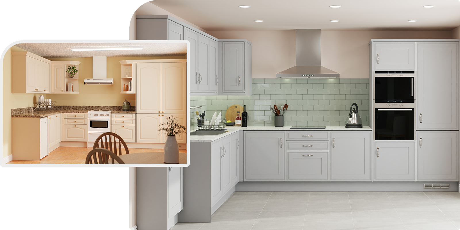 Before and after image of a Dream Doors kitchen