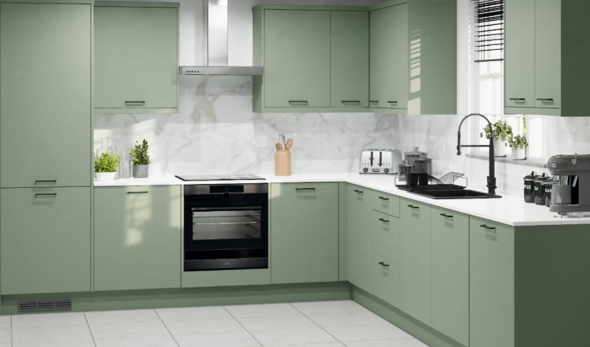 Image of a Modern Style Venice Kitchen Pictured in Supermatt Sage Green