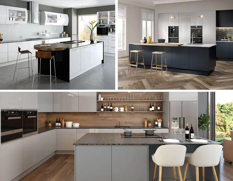 Multiple images of kitchens