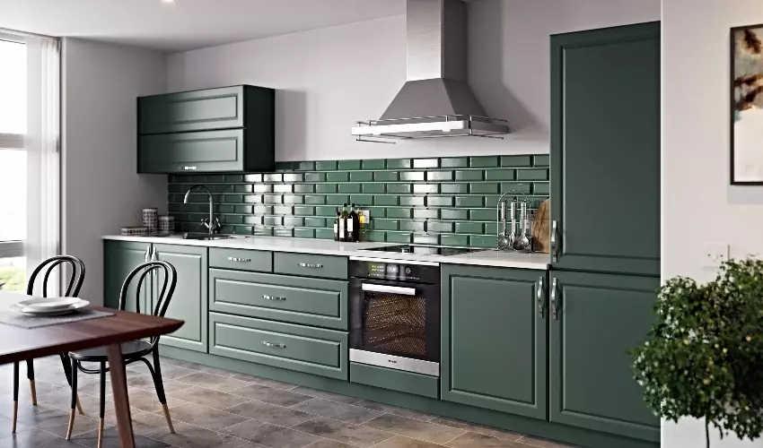 Traditional Style New Fenland Fitted Kitchen Pictured in Supermatt Highland Green