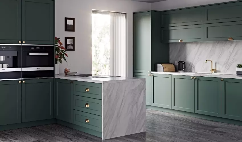 Modern Style Treviso Fitted Kitchen Pictured in Supermatt Highland Green