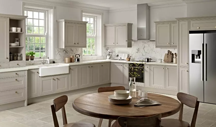 Traditional Tullymore style kitchen image pictured in Supermatt Taupe Grey