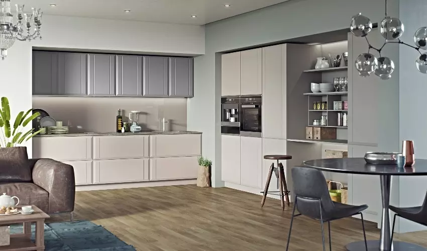 Twinline Kitchen Pictured in Supermatt Dust Grey & Cashmere
