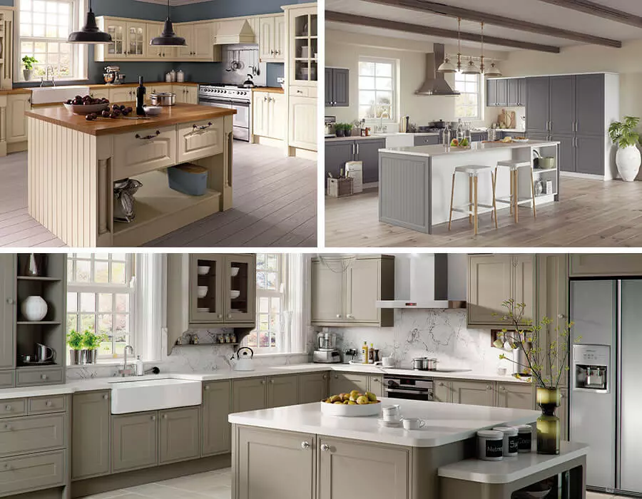 Multiple images of kitchens