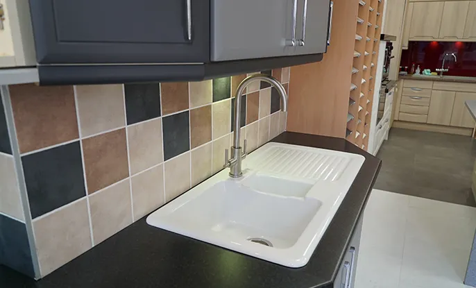 Kitchen worktop with multi colour tiles